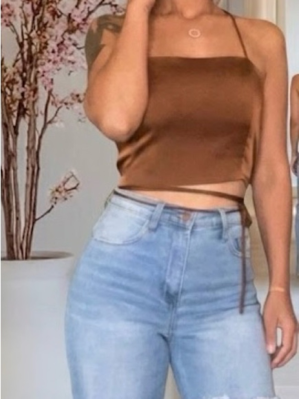 Sleek Brown Satin Strappy Crop Camisole